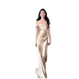 Evening Dress Champagne Color Chest High-End Feeling Light Luxury Small Engagement Morning Robe Banquet Host Dress HZ0517