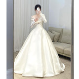 French One-Word Shoulder Light Wedding Dress Bride Long-Sleeved Vertine Temperament Go Out Yarn High-End Yarn Welcome Light Dress HZ0517