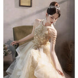 Champagne Hanging Neck Dress 2026 New Adult Birthday Banquet Light Luxury Small High-End Art Canopy Skirt HZ0517