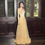 Golden Bra Squins High-End Evening Dress Engagement Light Luxury Wedding Yarn Banquet Host Niche Dress HZ0517