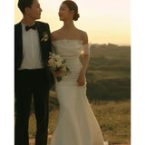 One-Word Shoulder-Sand-Sand-Faced Fishtail Light Wedding Dress Simple Mori Super Fairy Korean Style Yarn Thin Travel Shot White Dress Skirt HZ0517