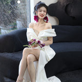 One-Word Shoulder-Sense Lint-Light Wedding Dress French High-Sensing White Temperament Fishtail Skirt Linen Welcome To Shoot Out Light Yarn HZ0517