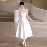 Red Vintage Bridal Engagement Evening Dress Banquet High-End Toasting Temperament Elegant Hepburn Style Simple Dress HZ0517