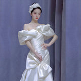 French Light Wedding Dress 2026 New Simple Densified White Atmosphere Feel Fishtail Skirt Shoulder Design Outdoor Wedding Dress HZ0517