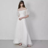 French Light Wedding Dress 2026 New Solid Color Simple Word Shoulder Bride Go Out Yarn HZ0517