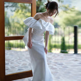 One-Word Shoulder-Singed Sedable Face Light Wedding Bridal Wedding Bridal Shot French Simple Fishtail Welcome Out Yarn Super Fairy Dress HZ0517