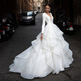 Hot Wedding Dress Long Sleeves Dragging High Waist Thin Wedding Dress French Yarn Main Yarn Depth V Sexy HZ0517