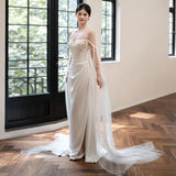 One-Word Shoulder-Singed Fish-Tailed Light Wedding Dress French-Style Niche Go Out Yarn Super Xiansen Family Travel Light Dress Sexy Open Fork HZ0517