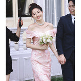 Pink Toast Suit 2026 Word Shoulder Dress New Bridal Small Trend Wedding Banquet Dress HZ0517