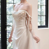 One-Word Shoulder-Singed Fish-Tailed Light Wedding Dress French-Style Niche Go Out Yarn Super Xiansen Family Travel Light Dress Sexy Open Fork HZ0517