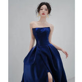 Blue Retro Breast-Wearing High-End Evening Dress Light Extravagant Small Sentientient Day Banquet French Dress Dress Dress Small Tail Dress HZ0517