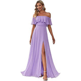 New One-Character Collar Solid-Colored Dress Sleeveless Long-Sleeved-Sided Chiffon Evening Dress Open Skirt HZ0517