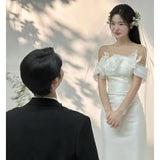 One-Word Shoulder Light Wedding Dress Spring New Sen System Super Fairy Simple Out Of The Three-Dimensional Flower Exterior Welcome Dress HZ0517