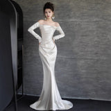 Long-Sleeved Vertiny Light Wedding Dress 2026 New Word-On Shoulder Simple Fishtail Yarn French Engagement Banquet Dress HZ0517