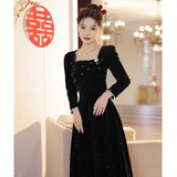 Black Velvet Evening Dress Bride Long-Sleeved Toast Suit 2026 New Summer Engagement Fashion Dress Dress Dress Woman HZ0517