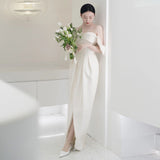 White Dingy Light Wedding Dress French Bride Simple Welcome Door Yarn Shoulder Sexy Open Fork Engagement Dress HZ0517