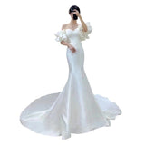 Korean-Style Vertiny Light Wedding Dress New Bridal Simple Body Elegant Waist Fishtail Shoulder Femininity Dress HZ0517