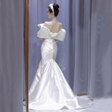 French Light Wedding Dress 2026 New Simple Densified White Atmosphere Feel Fishtail Skirt Shoulder Design Outdoor Wedding Dress HZ0517