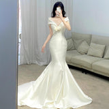 Korean Fascling Fishtail Light Wedding Dress 2026 New French-Style Dens, A Small Tailed Morning Robe HZ0517