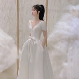 New French Simple White Short-Sleeved Light Wedding Dress V Collar Light Luxury Denswear Wedding Dress Skirts Can Be Worn Daily HZ0517