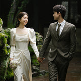 Korean Denoodle Light Wedding Dress White Simple Long Sleeve Yarn Bridal Temperament Fishtail Thin Evening Dress Woman HZ0517