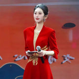 Host Evening Dress 2026 New Red Dignified Atmospheric Chinese Style Long Choir Performance Costume Female HZ0517