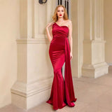One Shoulder Padded Sexy Satin Maxi Dress Women's Evenin HZ0517