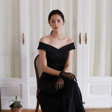 Black Word Shoulder Pat Light Wedding Dress Long Slim Slimming Banquet Dress Host Show Dress Dress Dress Dress Dress HZ0517