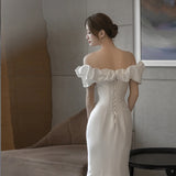 Korean One-Word Shoulder Wedding Dress 2026 New Bridal Temperament Waist Fish Tail Showing Thin And Stew Welcome To Go Out Light Yarn Autumn HZ0517