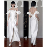White Dingy Light Wedding Dress French Bride Simple Welcome Door Yarn Shoulder Sexy Open Fork Engagement Dress HZ0517