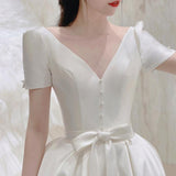 New French Simple White Short-Sleeved Light Wedding Dress V Collar Light Luxury Denswear Wedding Dress Skirts Can Be Worn Daily HZ0517