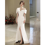 One-Word Shoulder Evening Dress Sexy Open White Art Exam Solo Performance Suit Waist Fishtail Small Tail Light Wedding Dress HZ0517