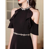 Black Evening Dress 2026 New Hanging Neck Super Fairy Heavy Industry Small Dress Party Party Evening Dress Dress HZ0517