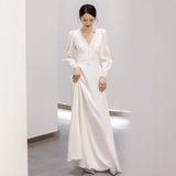 French Light Wedding Long-Sleeved V-Neck Simple Travel Shot White Thin Korean Bride Morning Pat Welcome Yarn Lace Dress HZ0517