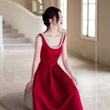 Red Vintage Bridal Engagement Evening Dress Banquet High-End Toasting Temperament Elegant Hepburn Style Simple Dress HZ0517