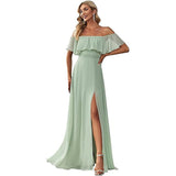 New One-Character Collar Solid-Colored Dress Sleeveless Long-Sleeved-Sided Chiffon Evening Dress Open Skirt HZ0517