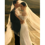 One-Word Shoulder-Sand-Sand-Faced Fishtail Light Wedding Dress Simple Mori Super Fairy Korean Style Yarn Thin Travel Shot White Dress Skirt HZ0517