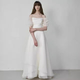 French Light Wedding Dress 2026 New Solid Color Simple Word Shoulder Bride Go Out Yarn HZ0517