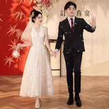 French Retro Lace Light Wedding Dress Sen Series Simple Hanging Sleeveless Long Morning Robe Engagement Welcome Dress Yarn HZ0517