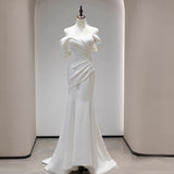 One-Word Shoulder Light Wedding Dress Bride Simple Body-Repaired Fishtail Temperament Welcome To Go Out Yarn French Super Fairy Dress HZ0517
