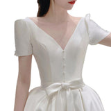New French Simple White Short-Sleeved Light Wedding Dress V Collar Light Luxury Denswear Wedding Dress Skirts Can Be Worn Daily HZ0517