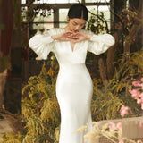 Sing Noodle Light Wedding Dress 2026 Spring New Bride With Simple Arm V Collar Fish Tail Yarn Long-Sleeved Dress Woman HZ0517