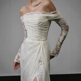 French Long-Sleeved Bridal Lace Light Wedding Dress 2026 New One-Word Shoulder Retro Linen Fishtail Dress HZ0517