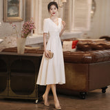 White Dress 2026 Summer Can Usually Wear The French Registration License Small White Dress Banquet Long V Collar Evening Dress HZ0517