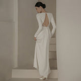 French Light Wedding Dress 2026 Summer Simple Hepburn Long Sleeves Cover The Arms White Fascling Back Dress HZ0517