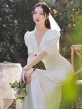 French White Evening Dress Femininity Banquet Sexy Fishtail Dress Long Host Small V-Neck Dress HZ0517