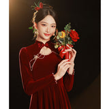 Long-Sleeved Cheongsam Toasting Bride 2026 New Engagement Dress Long Red Velvet Wedding Dress HZ0517