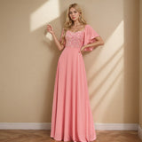 2026 New Square Neck Short Sleeves With Bare Back Pink Evening Dress A Word Lychee Splicing Chiffon Valentine's Day Party Dress HZ0517