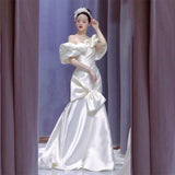 French Light Wedding Dress 2026 New Simple Densified White Atmosphere Feel Fishtail Skirt Shoulder Design Outdoor Wedding Dress HZ0517