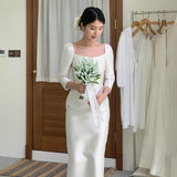 Korean-Style Densat Light Wedding Temperament Bride Long Sleeves Of Small Simple White Dress Dress Certificate Daily Yarn HZ0517